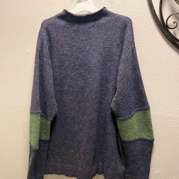 French Connection Blue Wool Blend Sweater With Green Sleeve Detail XL - Picture 2 of 10